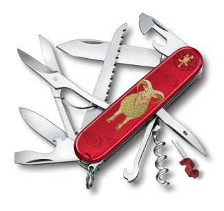 Victorinox Huntsman Year of the Goat 2027 mit roten Griffschalen, goldenem Ziegenmotiv und ausgeklappten Werkzeugen