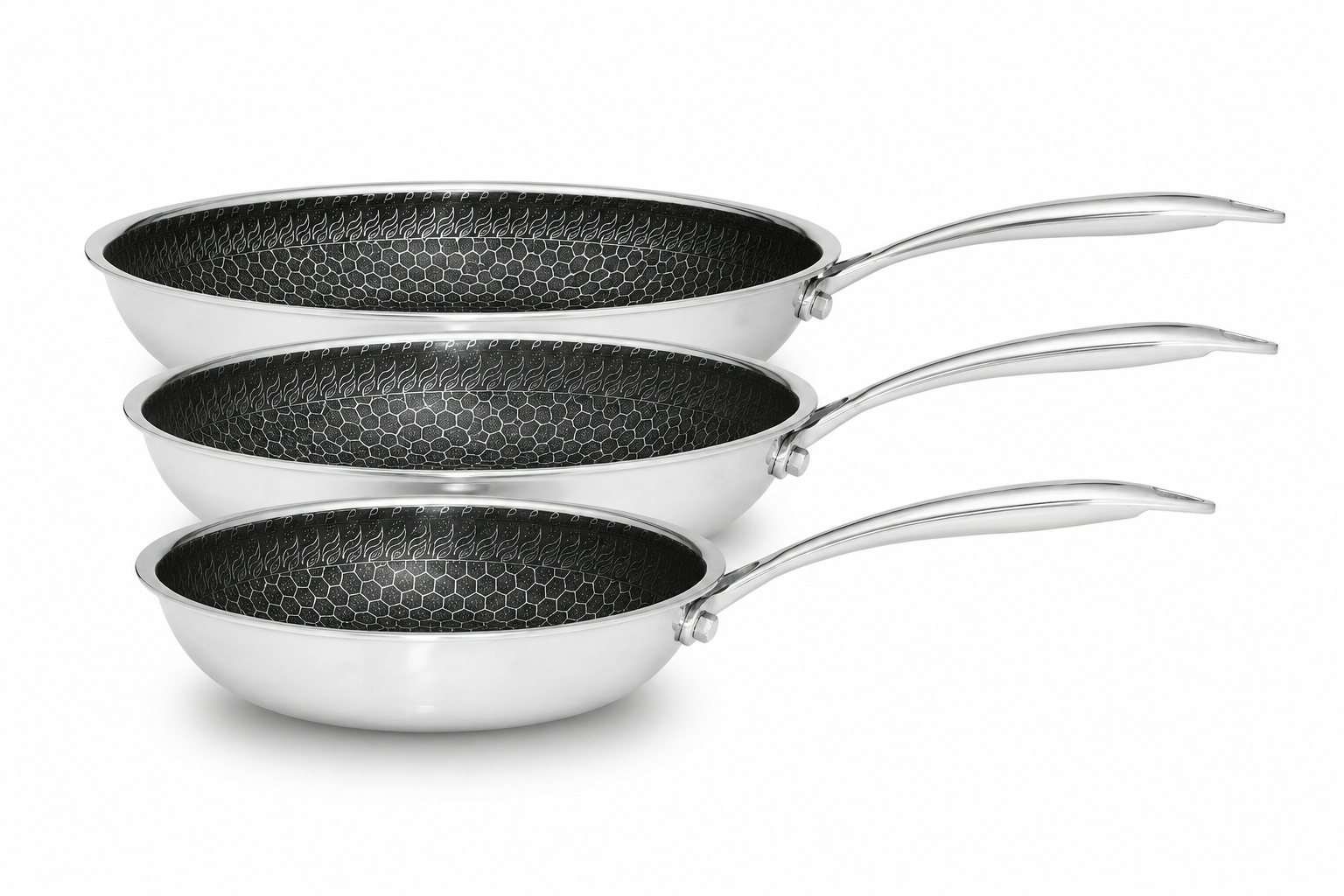 Henssler Edelstahl-Bratpfanne mit Wabenstruktur 3er-Set mit 20cm + 24cm + 28cm