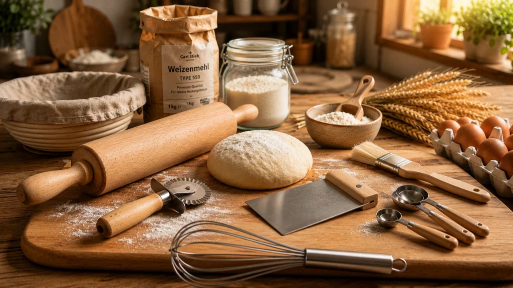 Backzubehör auf einem Holzbackbrett mit Nudelholz, Teigrädchen, Teigkarte und weiteren Backutensilien