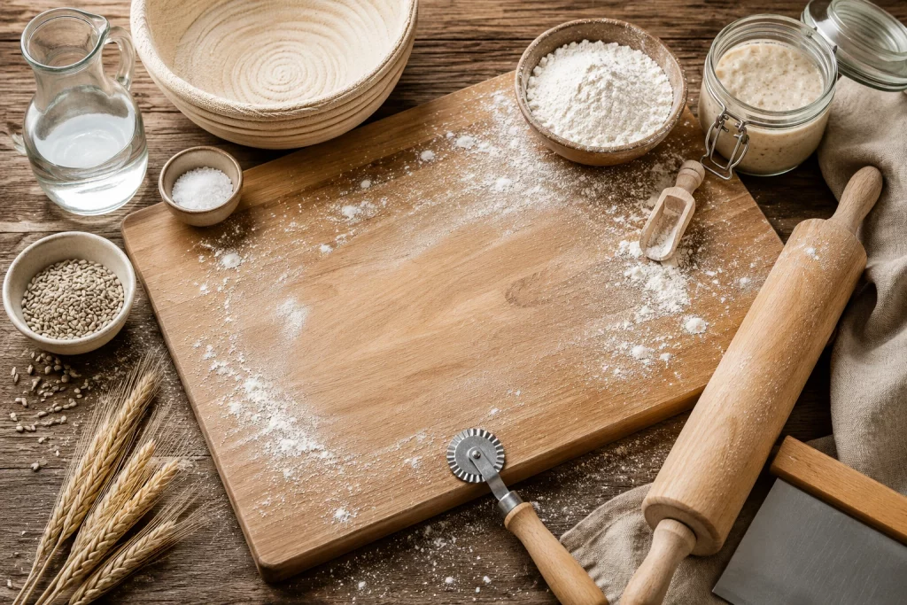 Backbrett mit Nudelholz, Teigrädchen, Mehl und Backutensilien für Brot- und Pizzateig