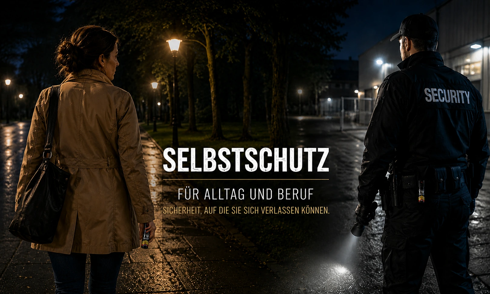 Frau und Sicherheitsmitarbeiter mit TW1000 Pfefferspray in einer nächtlichen Umgebung als Symbol für verantwortungsvollen Selbstschutz.