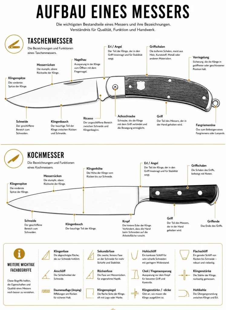 Infografik zum Aufbau eines Taschenmessers und Kochmessers mit Beschriftung der wichtigsten Bestandteile wie Klingenspitze, Messerrücken, Schneide, Klingenbauch, Ricasso, Erl, Griff und Griffschalen.