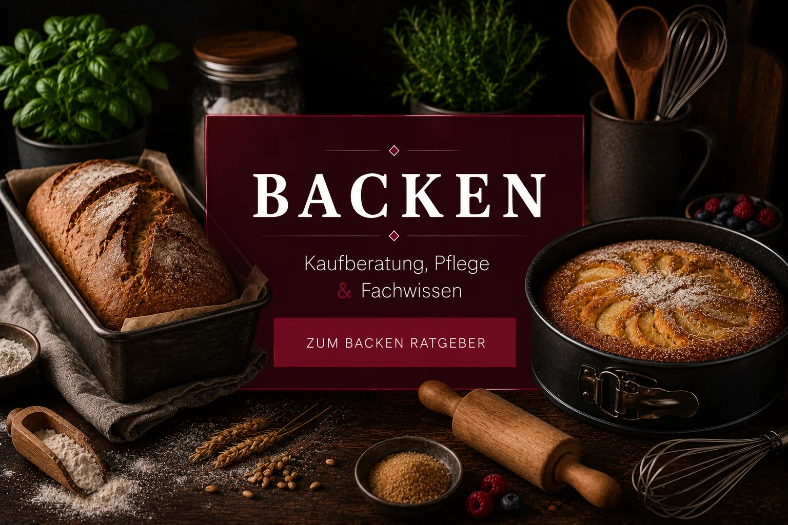 Coverbild des Backen-Ratgebers von Carl Stieß mit Kastenbrot, Springformkuchen und typischen Backutensilien.