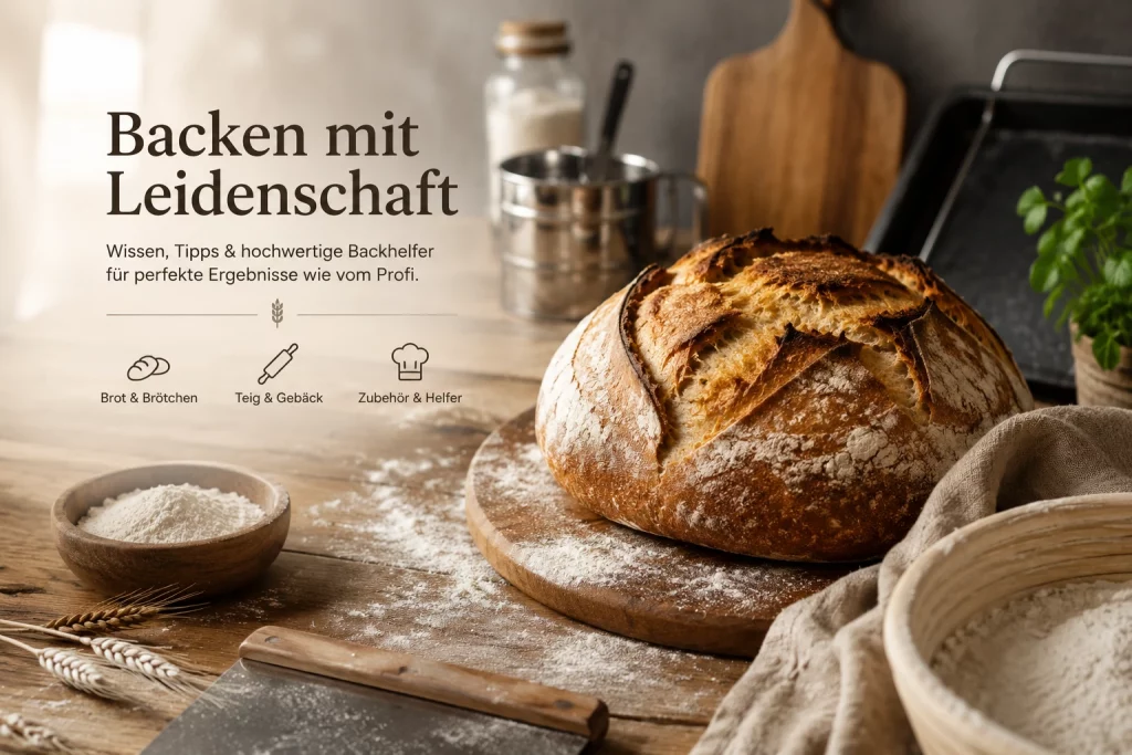Frisch gebackenes Sauerteigbrot auf einem Holztisch mit Mehl, Gärkörbchen und Backzubehör – Hero-Bild für den Backen-Ratgeber von Carl Stieß.