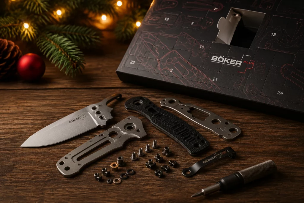 Böker Plus Adventskalender mit Messerbausatz, Klinge, Griffschalen und Bauteilen in weihnachtlicher Atmosphäre
