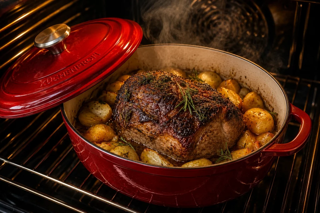 Roter Küchenprofi Provence Gusseisenbräter mit knusprigem Rinderbraten, Kartoffeln und Rosmarin im Backofen