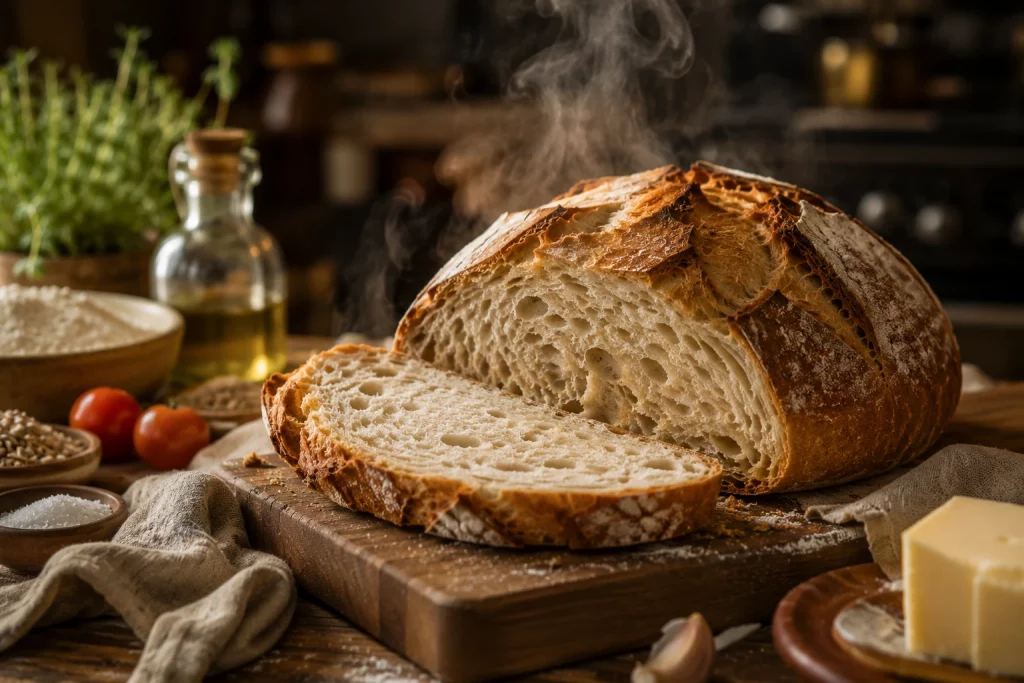 Frisch gebackenes Sauerteigbrot mit knuspriger Kruste und saftiger Krume auf einem Holzbrett, umgeben von Mehl, Getreide und weiteren Zutaten zum Brot backen.