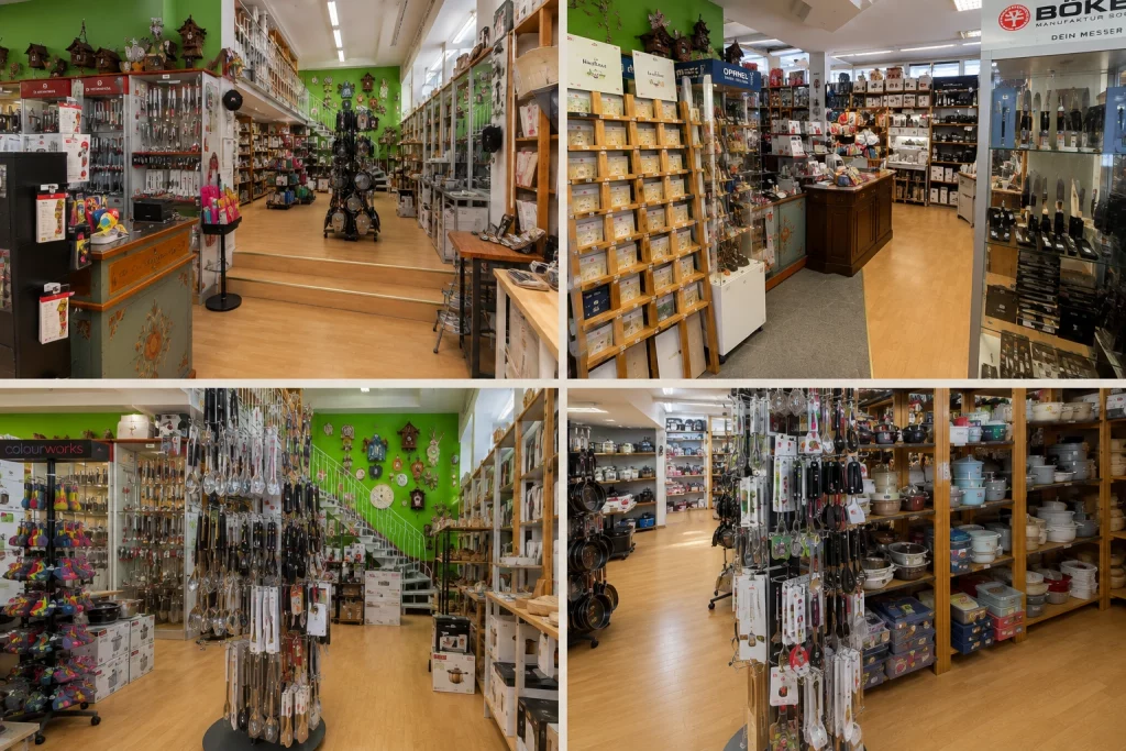 Innenansichten des Carl-Stieß-Fachgeschäfts in Pforzheim mit großer Auswahl an Messern, Küchenausstattung und Backzubehör.