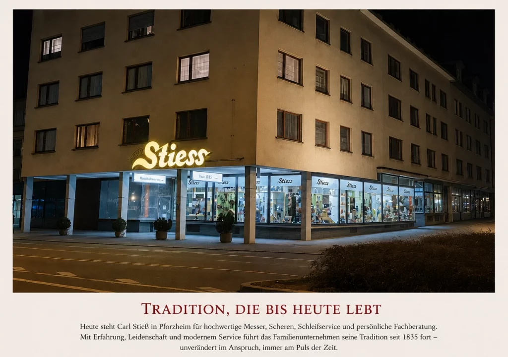 Heutiges Fachgeschäft von Carl Stieß in Pforzheim mit beleuchteter Schaufensterfront und Schleifservice am Abend.