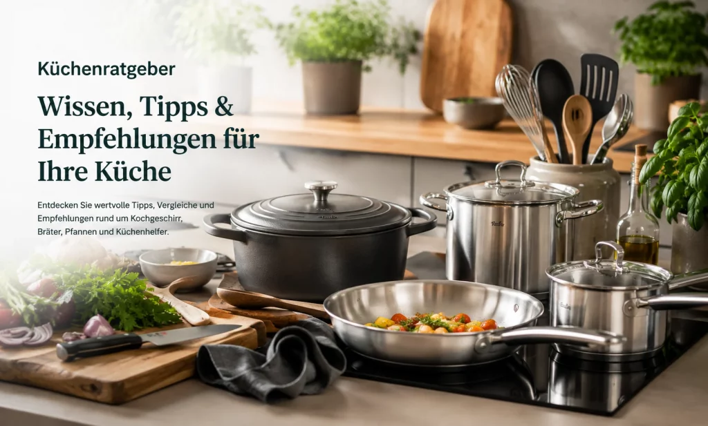 Küchenratgeber mit hochwertigem Kochgeschirr, Bräter, Pfannen, Kochtöpfen und Küchenhelfern in einer modernen Küche.