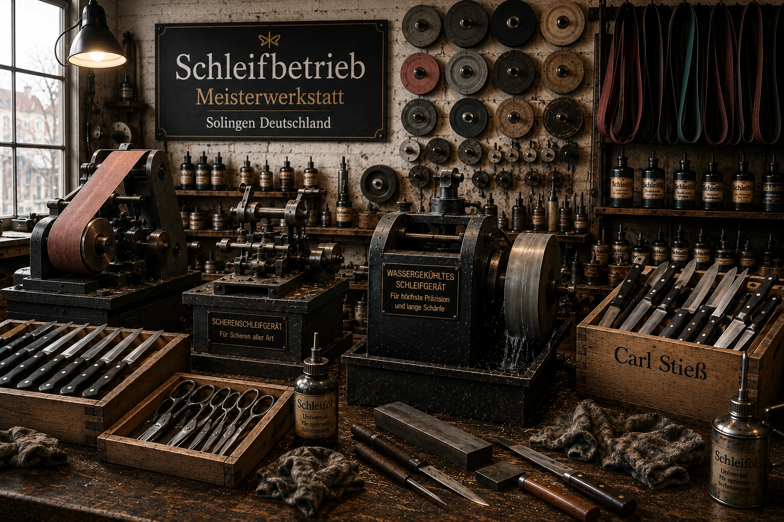 Werkstatt des Carl Stieß Schleifdiensts mit wassergekühltem Schleifgerät, Bandschleifmaschine, Scherenschleifgerät sowie Messern und Scheren.