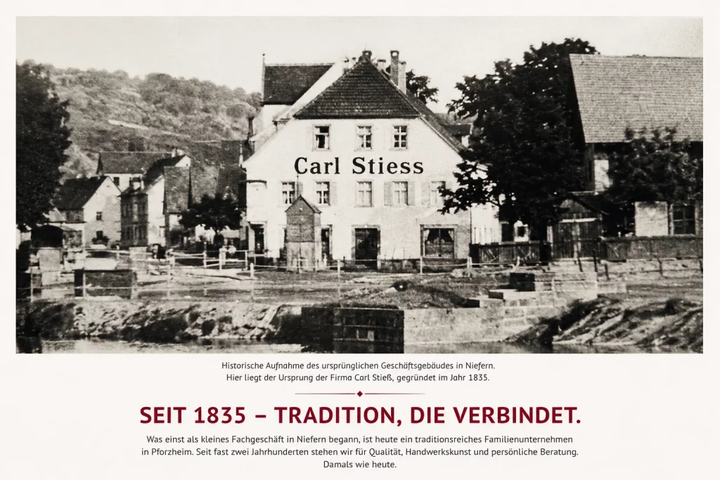 Historische Aufnahme des ursprünglichen Geschäftsgebäudes von Carl Stieß in Niefern, dem Ursprung des Unternehmens seit 1835.