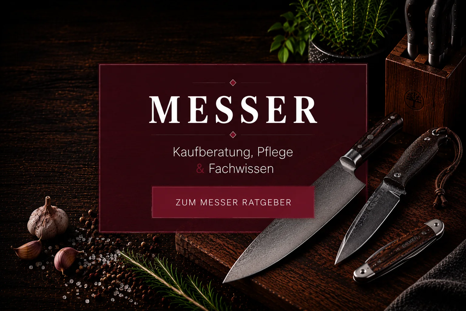 Coverbild des Messer-Ratgebers von Carl Stieß mit Damast-Kochmesser, feststehendem Messer und Taschenmesser.