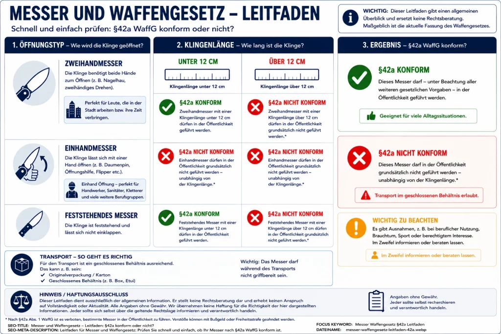 Leitfaden zum deutschen Waffengesetz §42a – Übersicht zu Zweihandmessern, Einhandmessern und feststehenden Messern nach Klingenlänge.