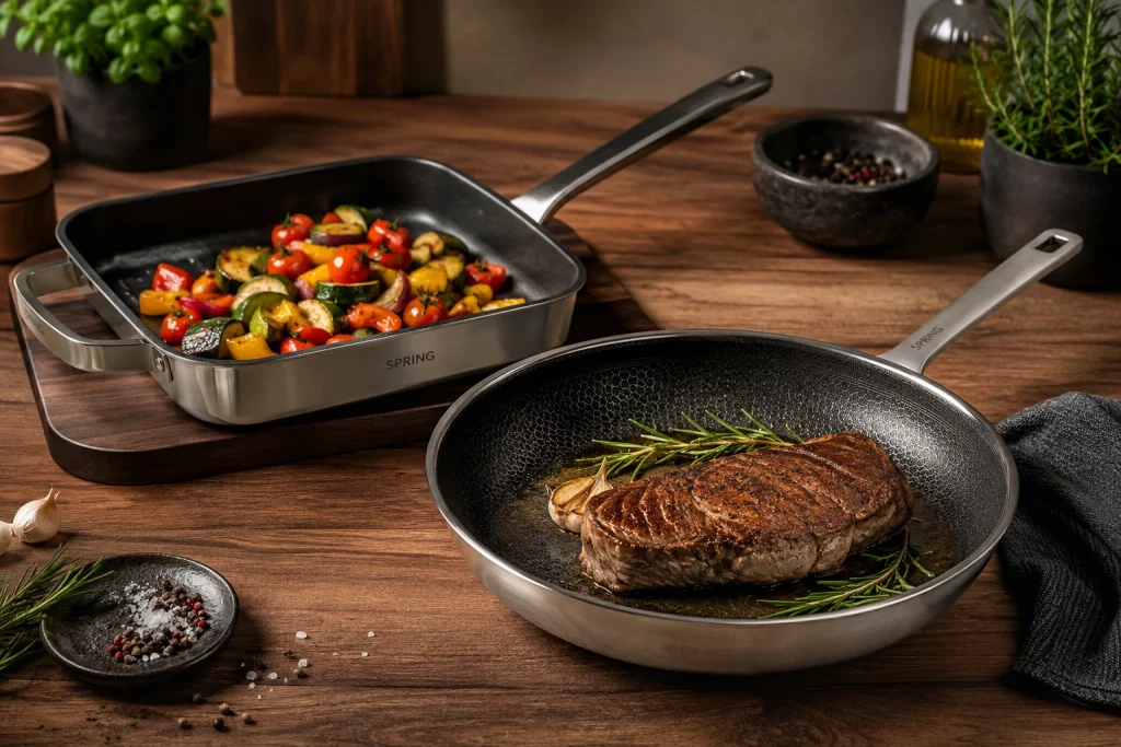 Hochwertige Pfannen mit Steak und Gemüse auf einer rustikalen Holzarbeitsplatte