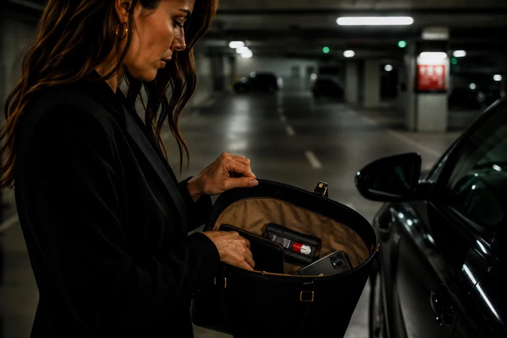 Frau greift in einer Tiefgarage in ihre Handtasche, in der sich ein Piexon Pfefferabschussgerät für den Selbstschutz befindet.