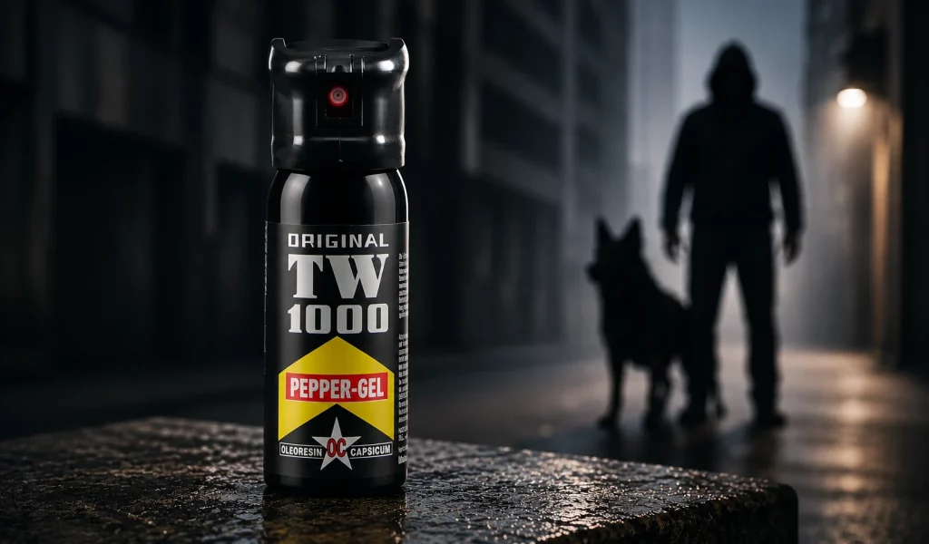 TW1000 Pfeffergel Made in Germany als hochwertiges Selbstschutzprodukt vor dunklem Hintergrund.