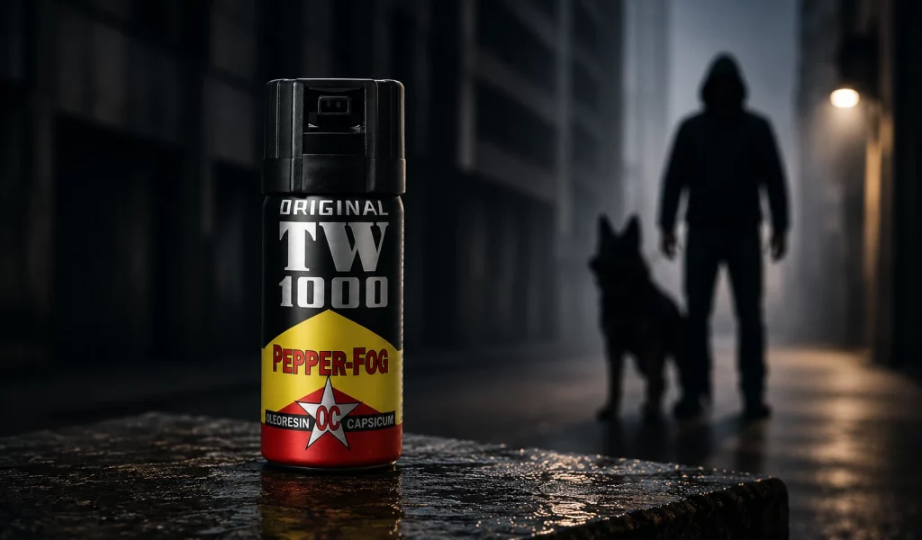 TW1000 Pfefferspray Made in Germany als hochwertiges Selbstschutzprodukt vor dunklem Hintergrund.
