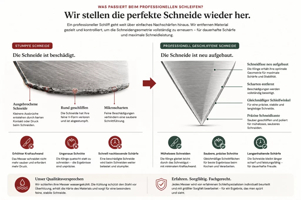 Infografik zum professionellen Messerschleifen mit Vergleich einer stumpfen, beschädigten Schneide und einer fachgerecht neu aufgebauten Schneidengeometrie nach dem Schleifen.