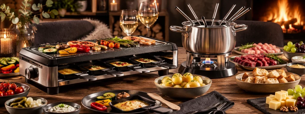 Raclette-Grill und Fondue-Set auf einem festlich gedeckten Tisch mit Käse, Brot, Kartoffeln, Gemüse und weiteren Zutaten für einen gemütlichen Raclette- und Fondue-Abend.