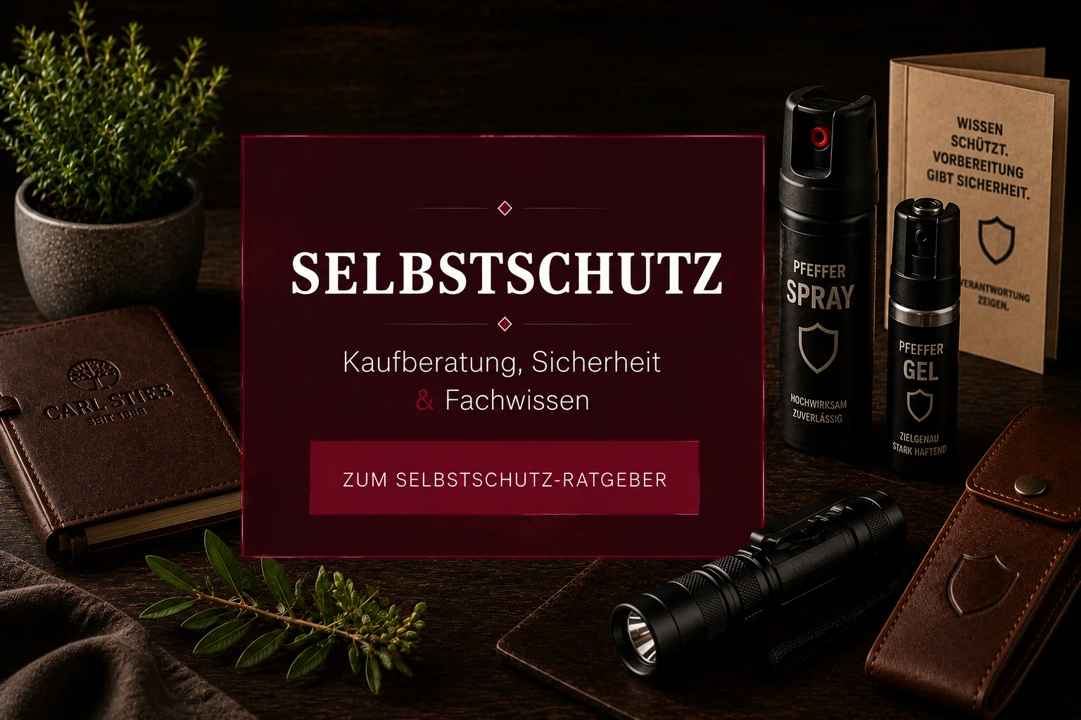 Coverbild des Selbstschutz-Ratgebers von Carl Stieß mit Pfefferspray, Pfeffergel, Taschenlampe und Informationsbroschüre.