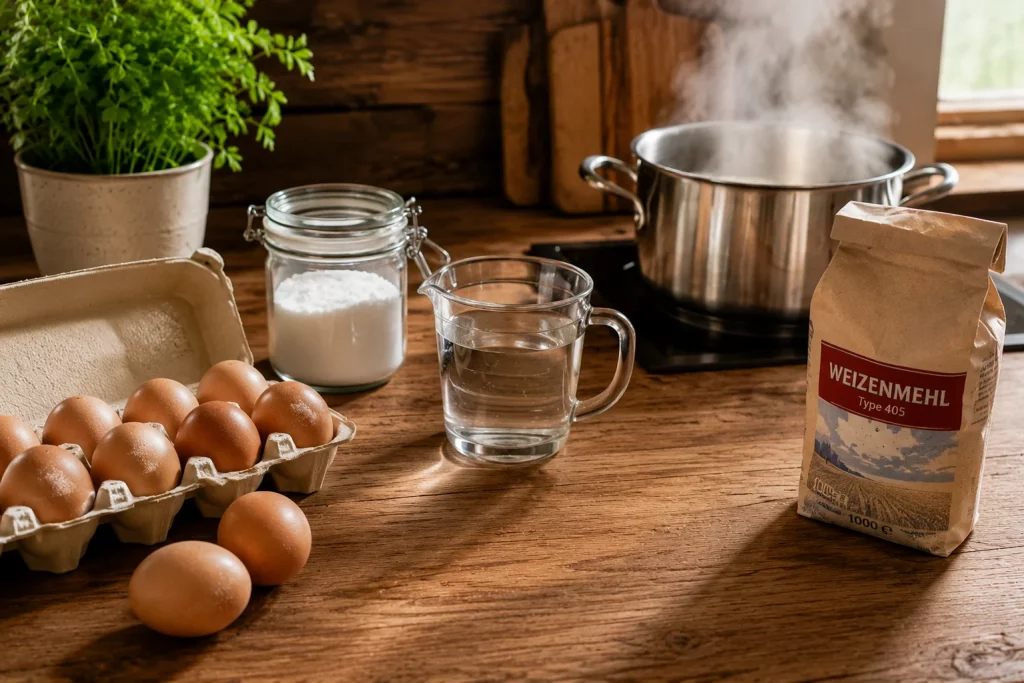 Zutaten für hausgemachte Spätzle mit Eiern, Mehl, Salz, Wasser und dampfendem Kochtopf in einer rustikalen Küche.