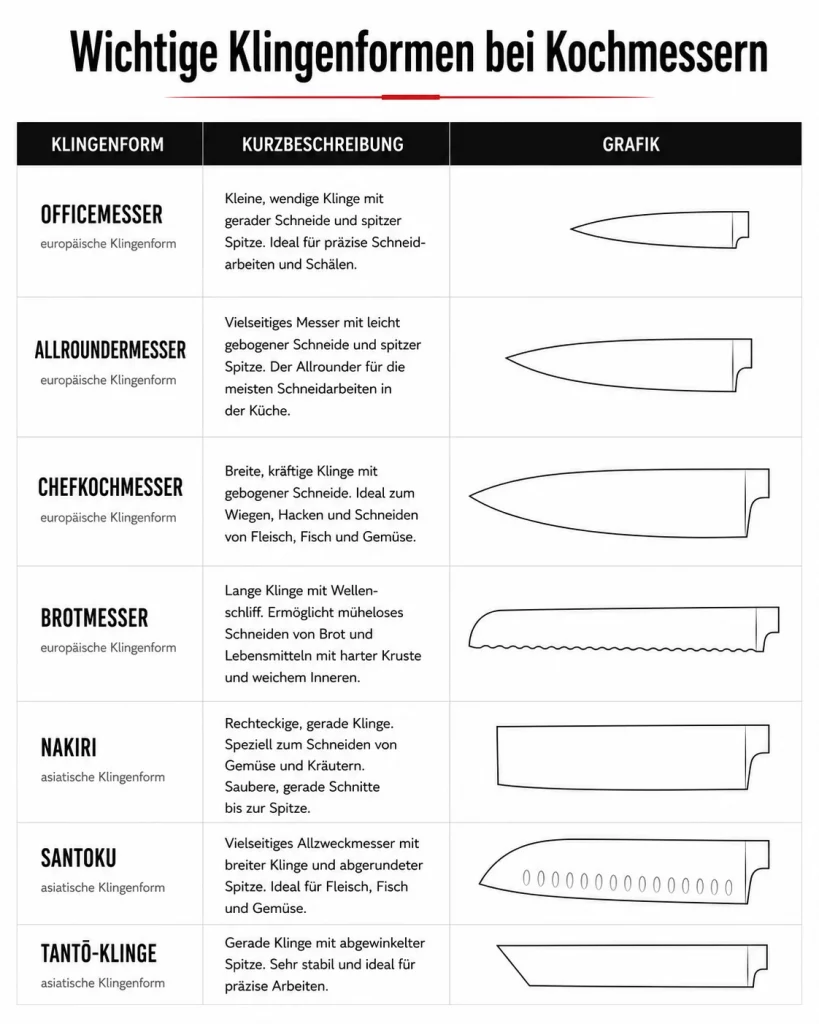 Übersicht wichtiger Klingenformen bei Kochmessern mit Officemesser, Allroundermesser, Chefkochmesser, Brotmesser, Nakiri, Santoku und Tantō-Klinge.