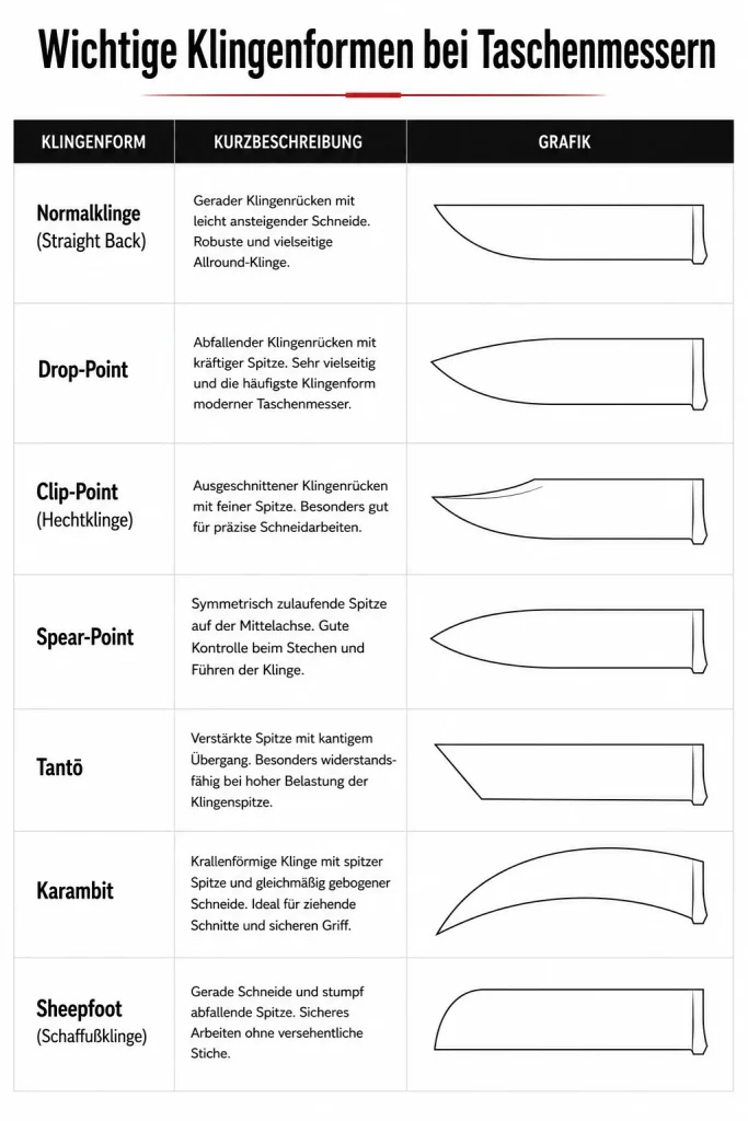 Übersicht der wichtigsten Klingenformen bei Taschenmessern mit Normalklinge, Drop-Point, Clip-Point, Spear-Point, Tantō, Karambit und Sheepfoot als schematische Darstellung.